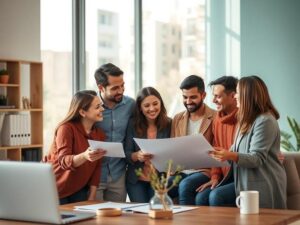 Família multicultural discutindo opções de imóveis em escritório imobiliário iluminado com entusiasmo.