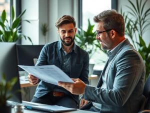 Jovem casal diversificado discutindo opções de imóveis com consultor no escritório moderno, Dicas para Primeiros Compradores: Passos para Adquirir no Brisas.