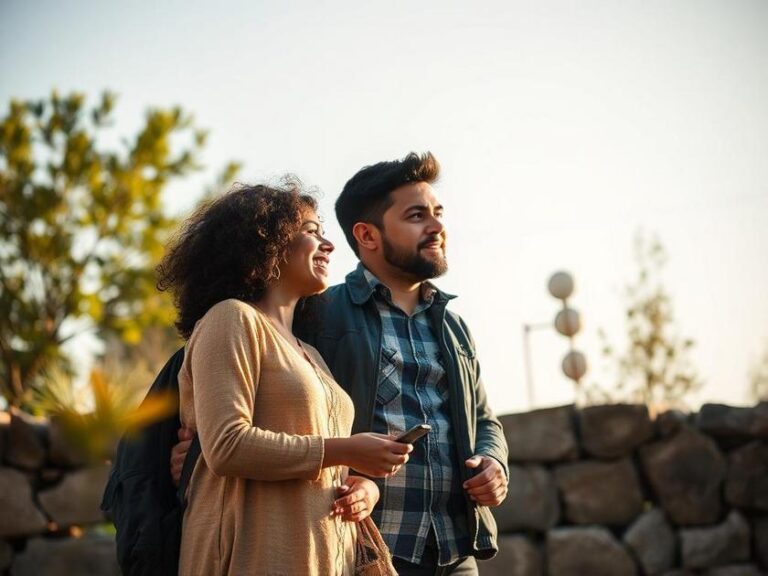Casal jovem diversificado visitando imóvel em ambiente natural de São Pedro da Aldeia, refletindo empolgação.