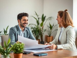 Investidor jovem sorridente com corretor imobiliário em mesa de escritório sobre diversificação de investimentos no Brisas.
