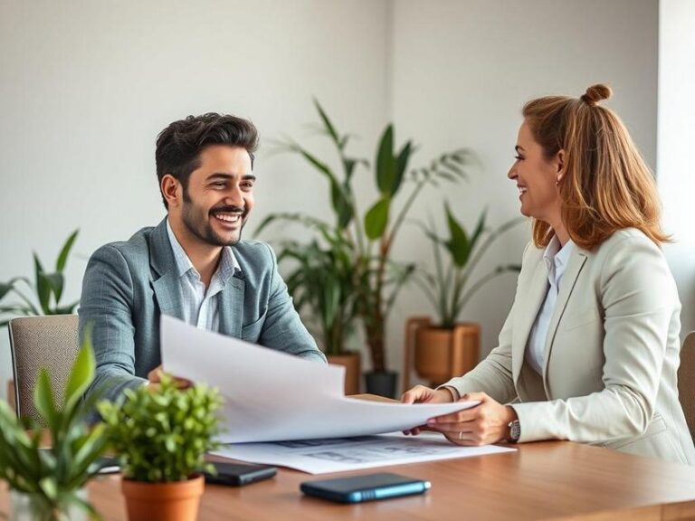 Investidor jovem sorridente com corretor imobiliário em mesa de escritório sobre diversificação de investimentos no Brisas.