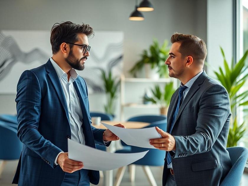 Investidor jovem e analista imobiliário discutindo investimento na Região dos Lagos em sala moderna.