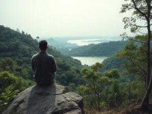 Morador contemplando uma paisagem natural representando o 'Estilo de Vida Minimalista: Vivendo Bem no Brisas' em ambiente tranquilo.