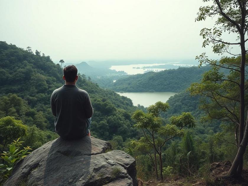 Morador contemplando uma paisagem natural representando o 'Estilo de Vida Minimalista: Vivendo Bem no Brisas' em ambiente tranquilo.