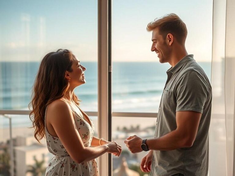 Casal diversificado avaliando apartamento com vista para a praia em São Pedro da Aldeia, simbolizando oportunidades no mercado imobiliário.