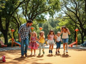 Família se divertindo em um playground em São Pedro da Aldeia, promovendo lazer em família e memórias afetivas.