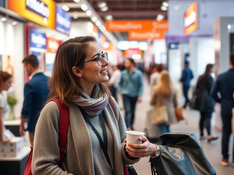 Compradora visitando feira imobiliária emocionada e otimista em estande com expositores no evento Brisas em São Pedro da Aldeia.