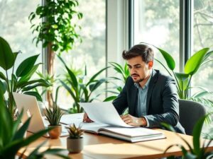 Casal jovem analisando opções de financiamento de imóveis em escritório acolhedor em Brisas.