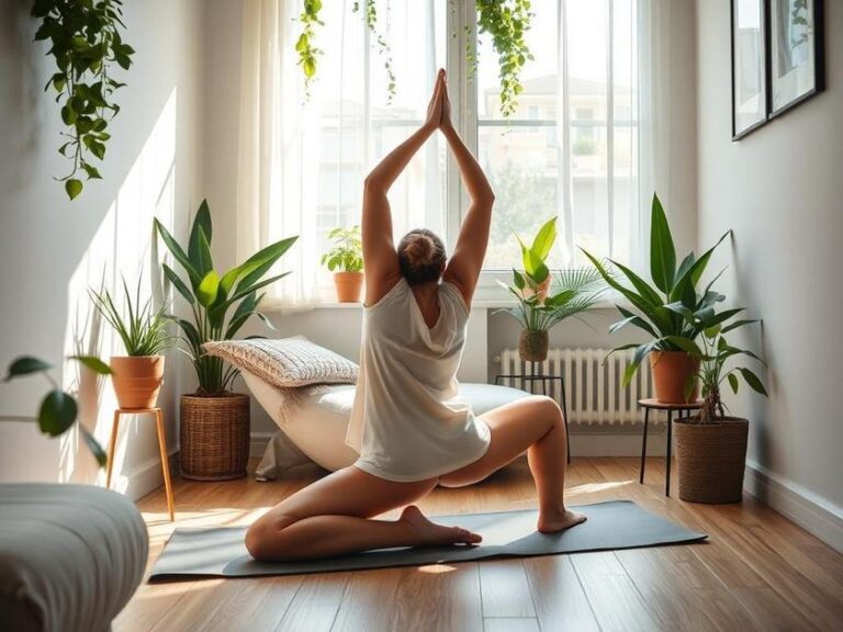 Pessoa praticando yoga em um espaço residencial, destacando a importância da rotina de exercícios.