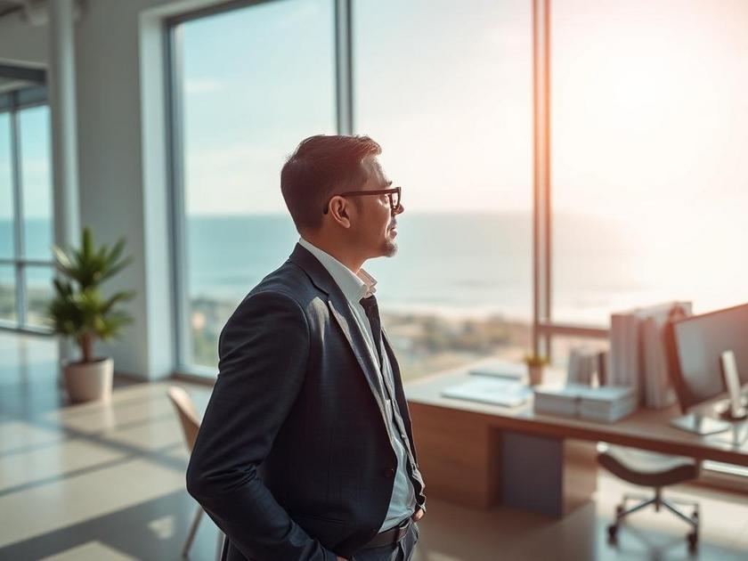 Investidor imobiliário observando maquete em escritório contemporâneo para artigo sobre o futuro da Região dos Lagos.