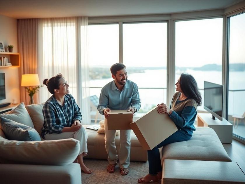 Família feliz planejando mudança para novo apartamento no Brisas da Lagoa com vista para a natureza em 2025.