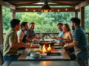 Grupo diversificado de amigos cozinhando juntos na varanda gourmet, celebrando a gastronomia brasileira.