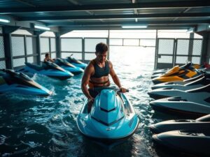 Atleta náutico organizando pranchas de surf em uma guarderia, reforçando a proteção e organização dos equipamentos.