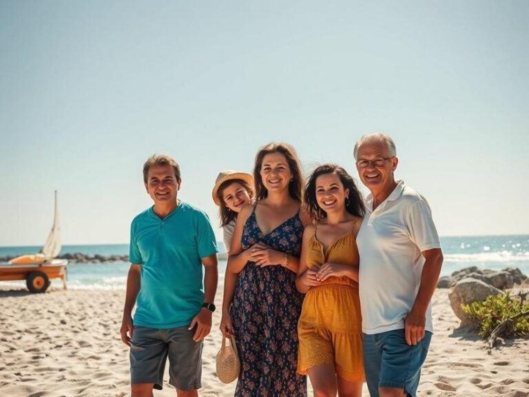 Família visitando imóvel à beira-mar, contemplando a compra durante o pôr do sol em São Pedro da Aldeia.