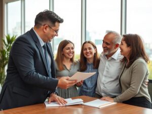 Família de compradores felizes discutindo com advogado em escritório moderno sobre compra de imóvel em São Pedro da Aldeia.
