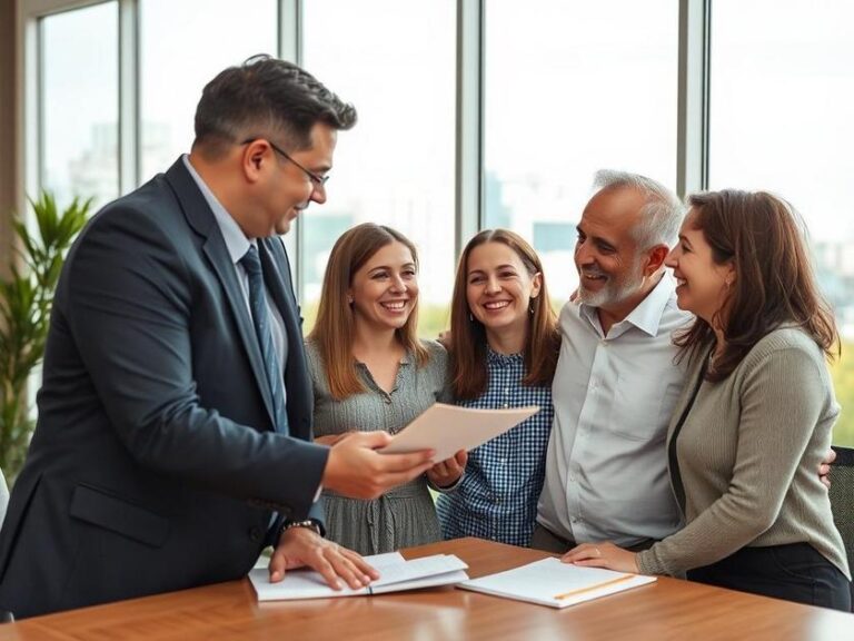 Família de compradores felizes discutindo com advogado em escritório moderno sobre compra de imóvel em São Pedro da Aldeia.