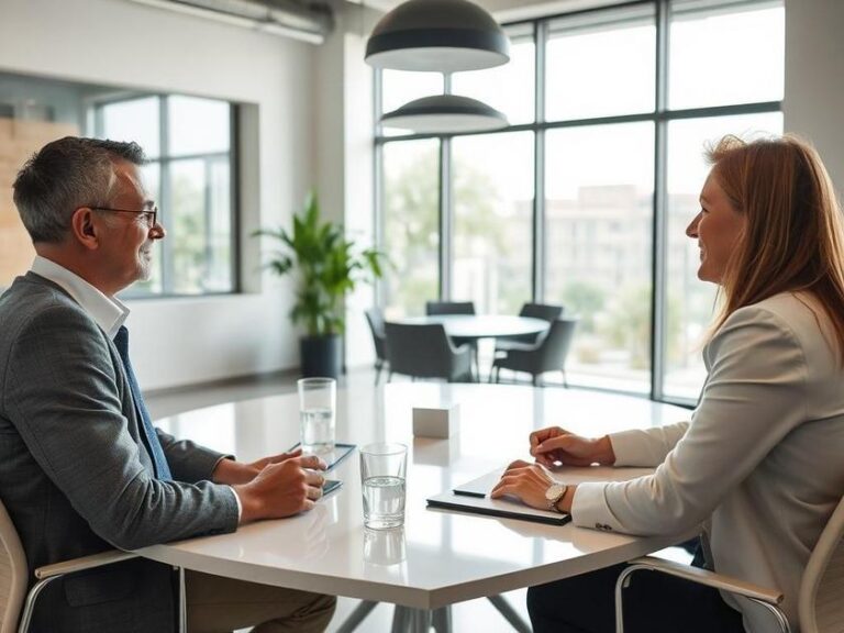 Casal experiente conversando com advogado em escritório híbrido sobre compra de imóveis em São Pedro da Aldeia.