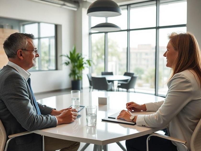Casal experiente conversando com advogado em escritório híbrido sobre compra de imóveis em São Pedro da Aldeia.