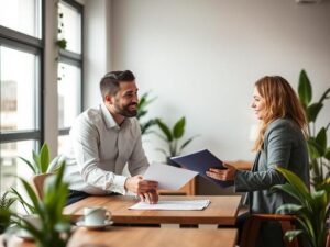Casal diversificado discutindo sobre compra de imóvel em escritório moderno com plantas e maquetes.