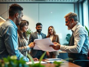 Casal de diferentes etnias em escritório imobiliário revisando contrato de compra de imóvel.