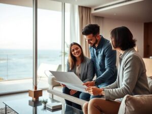 Casal jovem multicultural inspecionando imóvel com corretor em sala de estar moderna com vista para o mar.