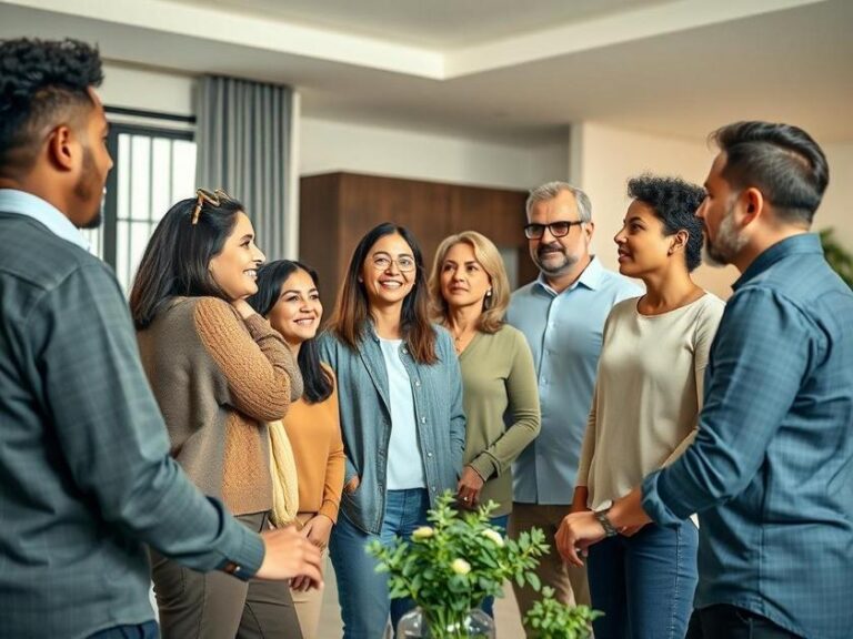 Grupo diverso de compradores conversando com corretor em imóvel moderno em São Pedro da Aldeia, refletindo diversidade e segurança na compra.