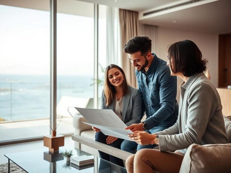 Casal jovem multicultural inspecionando imóvel com corretor em sala de estar moderna com vista para o mar.
