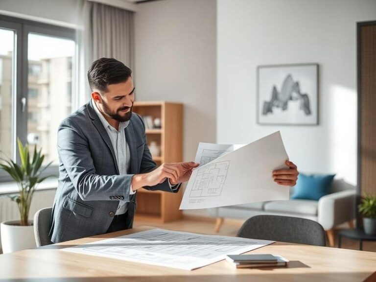 Comprador analisando planta de apartamento em escritório de vendas moderno na Região dos Lagos.