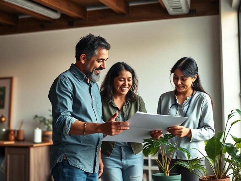 Família diversa revisando planta de imóvel em escritório de consultoria, transmitindo confiança e entusiasmo.