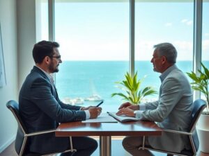 Advogado imobiliário consultando um casal multigeracional sobre compra de imóveis em escritório moderno.