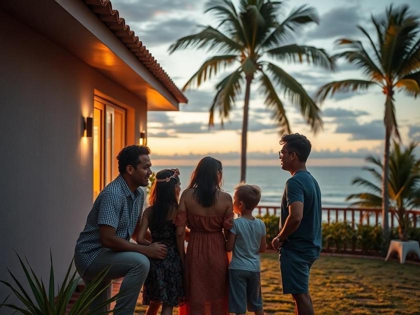 Família multicultural inspecionando imóvel à beira-mar em São Pedro da Aldeia ao entardecer.