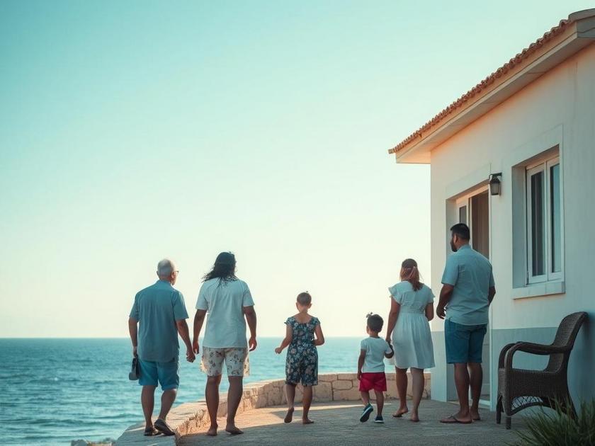Família diversa visitando imóvel à beira-mar em São Pedro da Aldeia com vista para o mar.