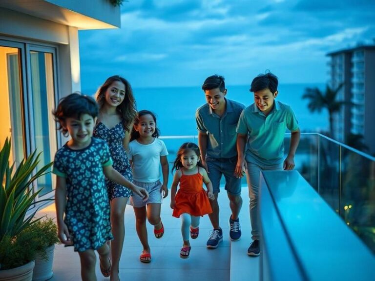 Família diversa com crianças explorando uma propriedade em condomínio à beira-mar em São Pedro da Aldeia.