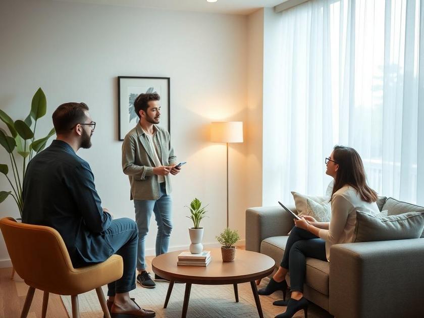 Pessoas conversando sobre compra de imóvel em sala de estar moderna em São Pedro da Aldeia.