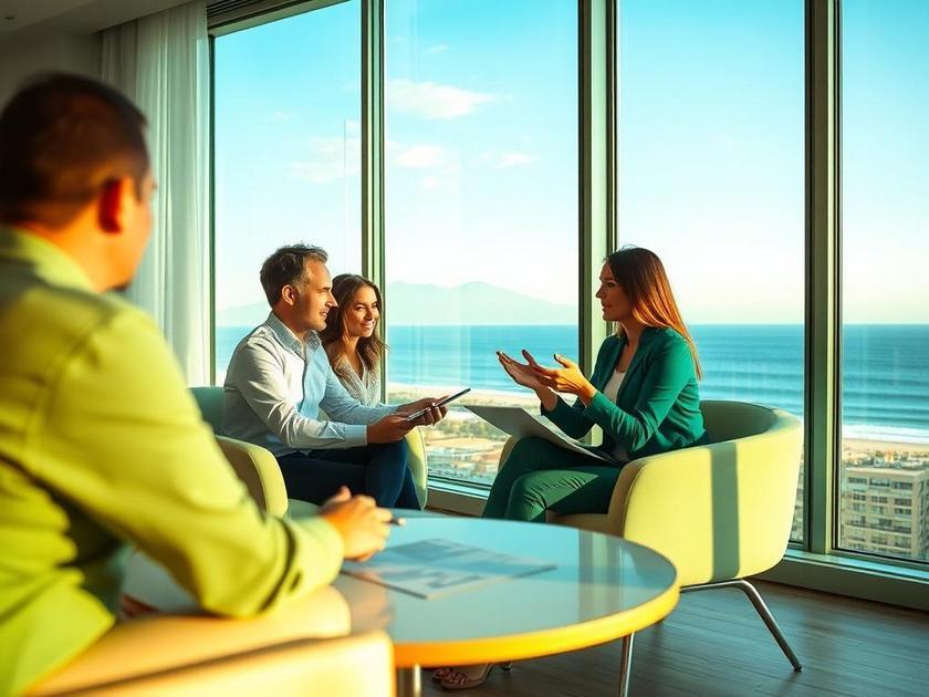 Casal diversificado discutindo compra de imóvel em sala de atendimento de imobiliária com vista para a praia