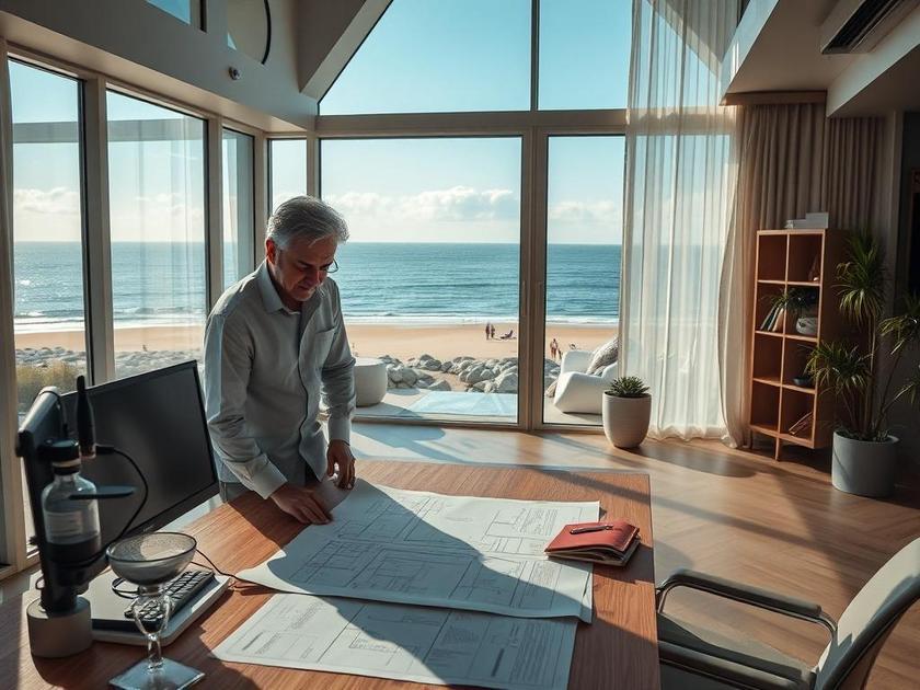 Corretor e comprador revisando documentação de imóvel em escritório moderno com vista para a praia.