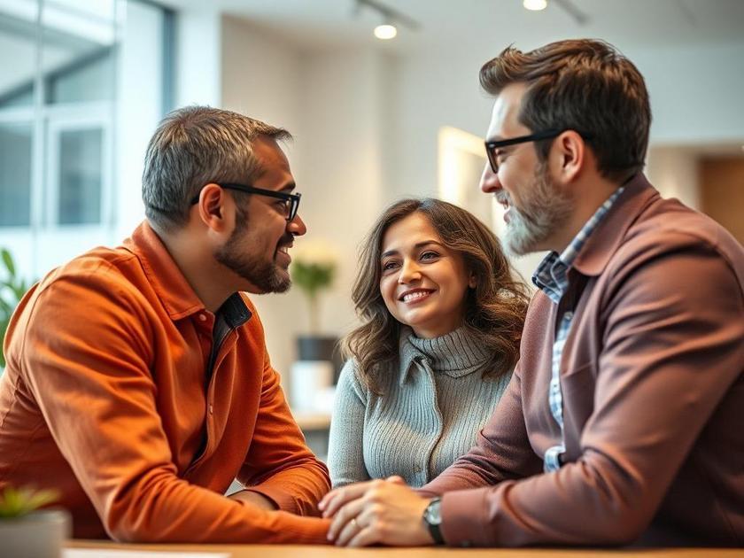 Casal diverso em escritório imobiliário moderno discutindo a compra de um imóvel em São Pedro da Aldeia/RJ.