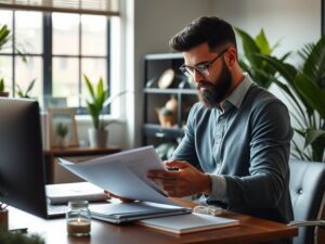 Corretor de imóveis auxiliando comprador em escritório moderno, analisando documentos de compra em São Pedro da Aldeia.