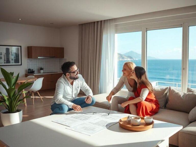 Casal diversificado visitando apartamento moderno em São Pedro da Aldeia com corretor imobiliário.