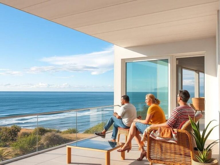 Família diversificada visitando imóvel à venda com vista para o mar em São Pedro da Aldeia/RJ.