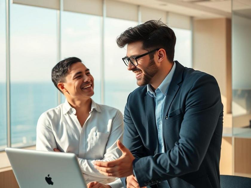 Jovem casal sorridente discutindo com corretor de imóveis em um escritório moderno com vista para o mar.