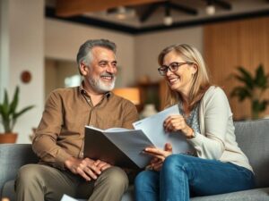 Casal diversificado visitando imóvel com corretor em ambiente de sala de estar moderna.