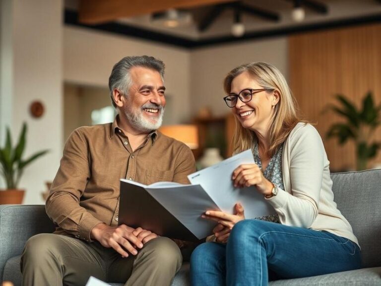 Casal diversificado visitando imóvel com corretor em ambiente de sala de estar moderna.