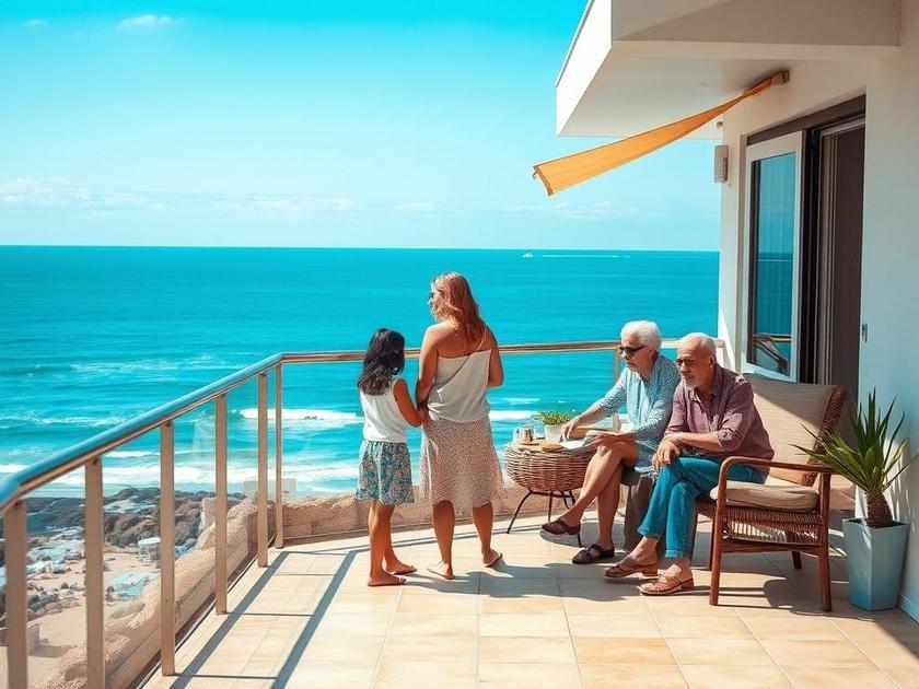 Família diversificada visitando imóvel à beira-mar com corretor em varanda, transmitindo entusiasmo e curiosidade.