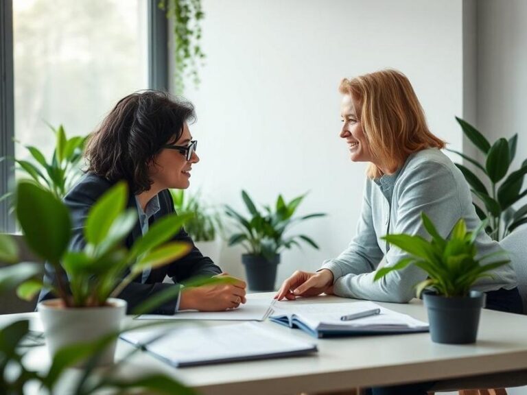 Casal diversificado discutindo a compra de imóvel em escritório imobiliário com plantas e documentos.