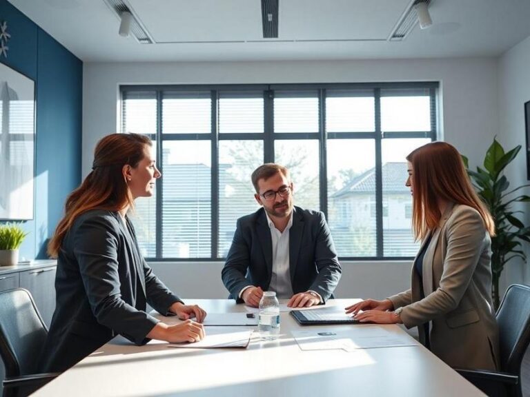 Casal diverso discutindo opções de compra de imóvel em escritório moderno com iluminação natural.