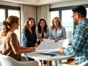 Grupo diversificado discutindo a compra de imóvel em sala de reuniões com vista para o mar