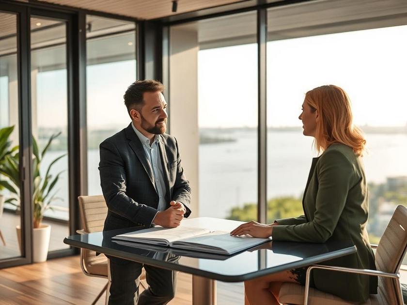 Casal diversificado discutindo opções de imóveis em escritório moderno com vista para a lagoa em São Pedro da Aldeia.