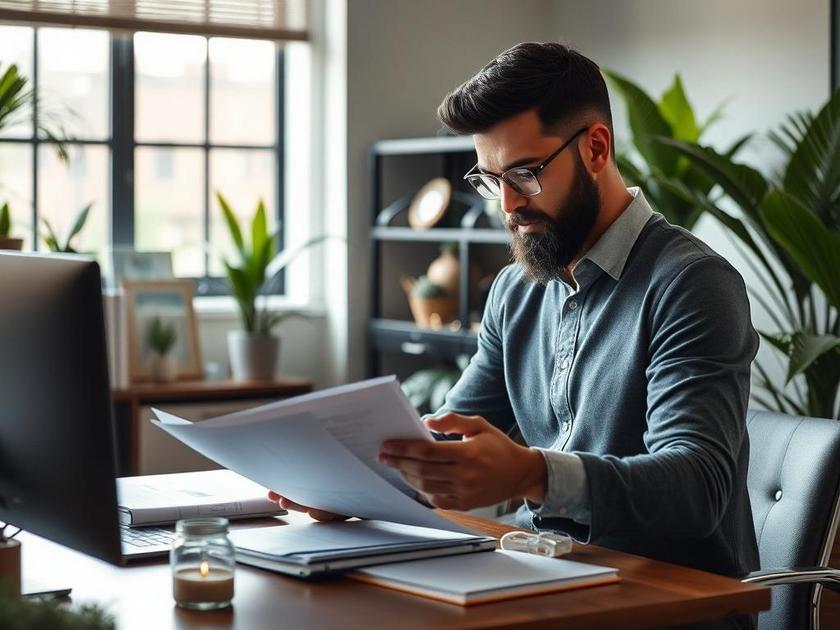 Corretor de imóveis auxiliando comprador em escritório moderno, analisando documentos de compra em São Pedro da Aldeia.
