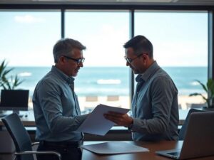 Casal diverso analisando documentos sobre compra de imóveis em um escritório moderno com vista para a praia.